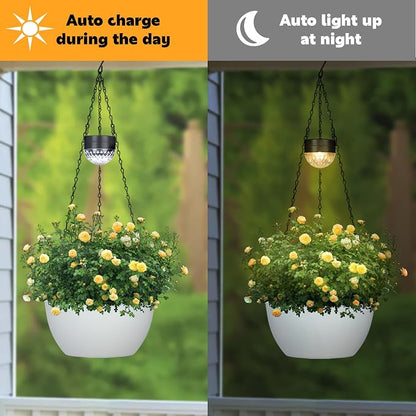 SUNNYPARK 2 Pack Solar Hanging Planters for Plants Outdoor | Self Watering, White Flower Pots with Solar Light, Hanging Garden Planters with Drainer for Balcony Patio Outdoor Decor