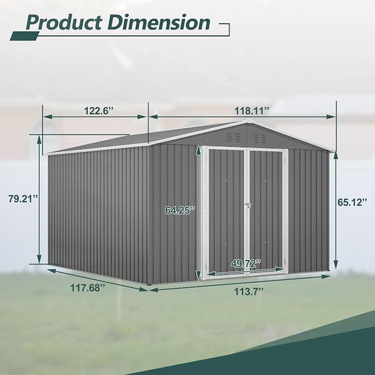 YOPTO 10x10 FT Outdoor Storage Shed,Large Metal Tool Sheds with Updated Frame Structure and Lockable Doors, Garden Shed for Backyard Patio Lawn,Grey