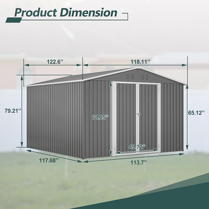 PVWIIK 10x10 FT Large Outdoor Metal Storage Shed, Heavy Duty Waterproof Steel Garden Tool Shed with Lockable Doors, Utility Storage Building for Backyard Patio Lawn Garden, Grey