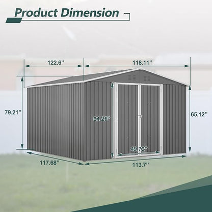 PVWIIK 10x10 FT Large Outdoor Metal Storage Shed, Heavy Duty Waterproof Steel Garden Tool Shed with Lockable Doors, Utility Storage Building for Backyard Patio Lawn Garden, Grey