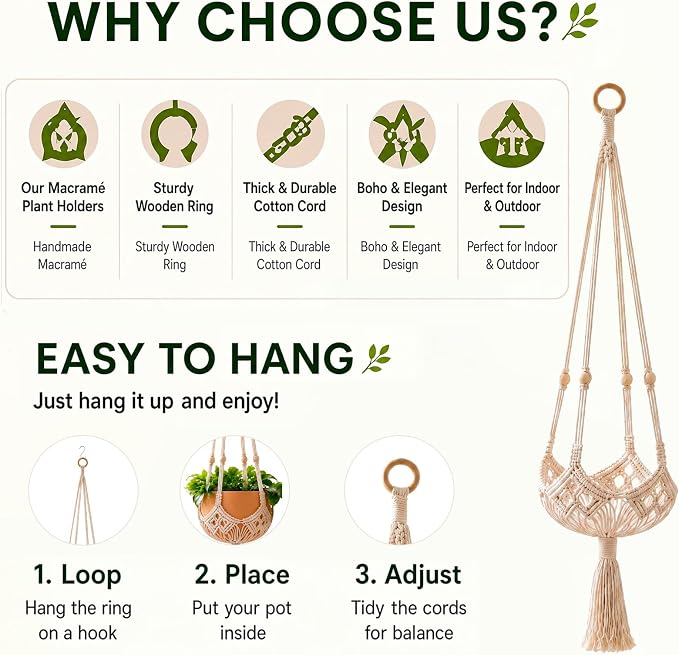 Shappy 2 Pack Boho Macrame Plant Hanger, Large Hanging Planter Plant Holder Pot Hanger Hanging Basket Wall Planters, Plants Lover Gift for Indoor Garden (Wooden Ring and Wooden Beads,White)