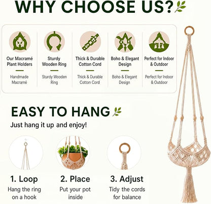 Shappy 2 Pack Boho Macrame Plant Hanger, Large Hanging Planter Plant Holder Pot Hanger Hanging Basket Wall Planters, Plants Lover Gift for Indoor Garden (Wooden Ring and Wooden Beads,White)