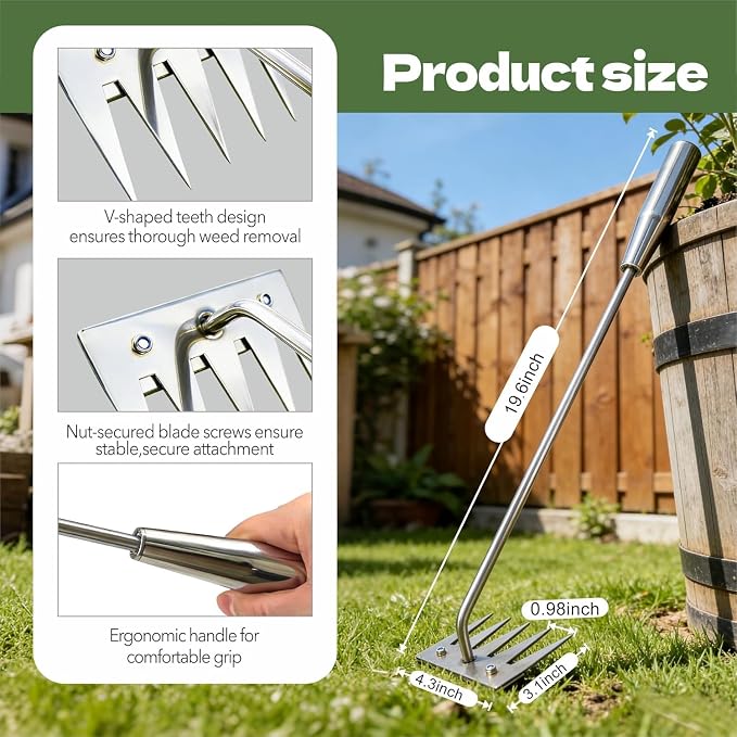 Weed Puller Tool - 2026 Portable Manual Weeding Tools Gardening, 5 Teeth Head Stainless Steel Hand Garden Weeding Rake, Weed Remover Tool for Vegetable Gardening Yard Backyard Farm Planting & Weeding