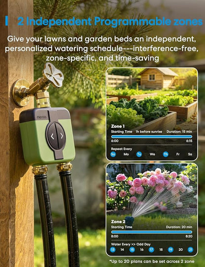 meross WiFi Water Timer for Garden Hose, 2 Zone WiFi Hose Timer with Brass Inlet and Outlet, WiFi Sprinkler Controller, Rain Delay, Smart Water Valve for Garden, Lawn & Yard, Remote & Voice Control