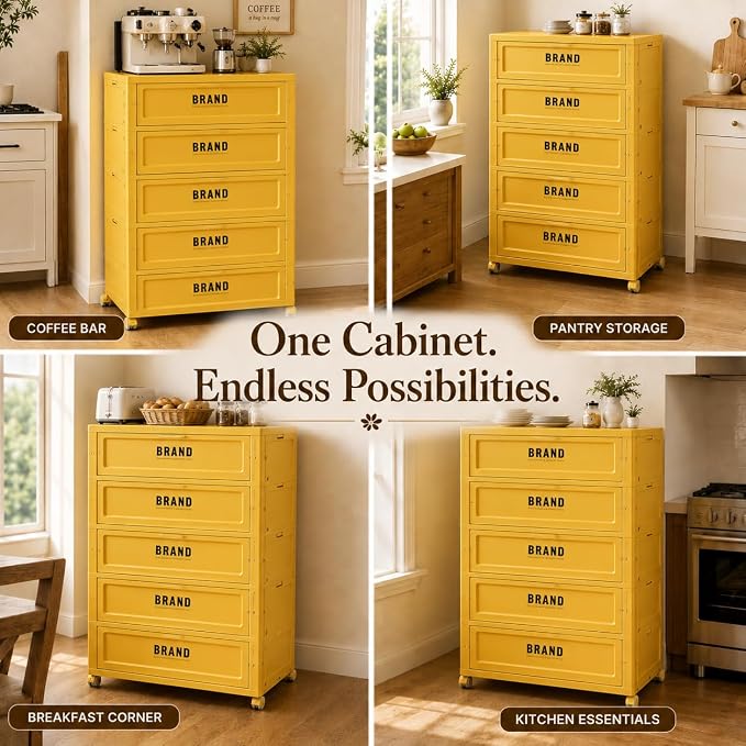 Foldable Storage Cabinet with Doors & Locking Wheels, 5-Tier Large-Capacity Organizer, No-Tool Setup, Impact-Resistant ABS Construction for Dorm, Pantry, Laundry, and Living Spaces