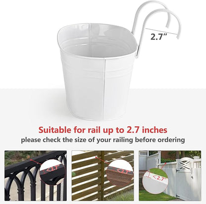 Dahey 3 Pcs 10.5 Inch Metal Iron Hanging Flower Pots for Railing Fence Hanging Bucket Pots Countryside Style Window Flower Plant Holder with Detachable Hooks Home Decor,White