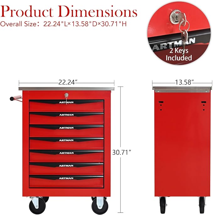 KEIKI 7 Drawers Tool Cart on Wheels,Multifunctional Rolling Tool Chest Tool Storage,Drawers Rolling Tool Trolley Organizer Tool Case for Garage, Warehouse, Workshop, Repair Shop (Red)