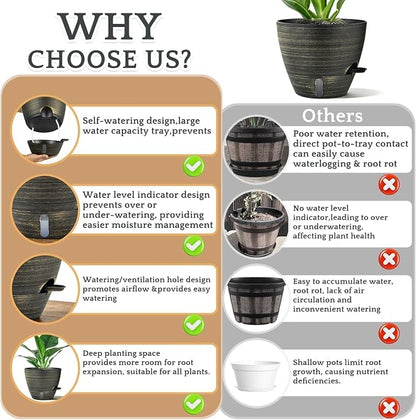 ZMTECH 10 Inch Self Watering Pots for Indoor/Outdoor Plants, Gold Bronze Large Plastic Planter with Water Level Indicator, Drainage Hole & Removable Saucer for Garden Flowers, Deco Plant Container