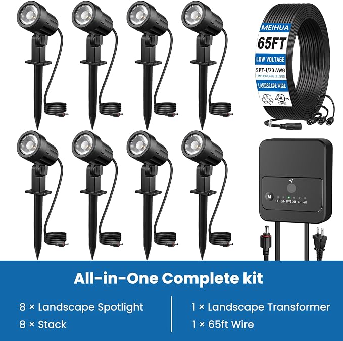 MEIHUA All-in-One Low Voltage Landscape Lighting Kit, Warm White, 8-Pack | Landscape Lights with Transformer 65FT Wire and Connectors 2700K Waterproof Landscape Spotlights for Garden Yard House Tree