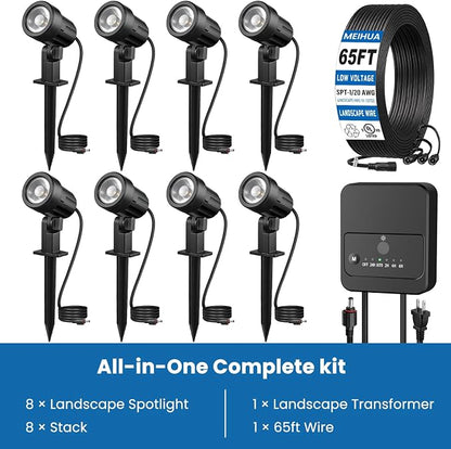MEIHUA All-in-One Low Voltage Landscape Lighting Kit, Warm White, 8-Pack | Landscape Lights with Transformer 65FT Wire and Connectors 2700K Waterproof Landscape Spotlights for Garden Yard House Tree