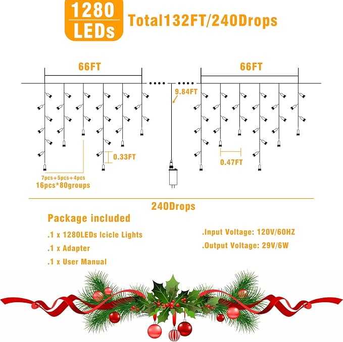 132ft Icicle Lights for Outside, Blue and White Christmas Lights Outdoor Indoor, 1280 LED Twinkle String Light with 240 Drops Curtain Light for Thanksgiving Room Home Wall Bedroom Window Decoration