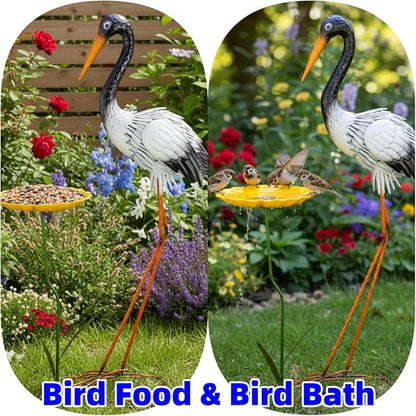 Large Heron Garden Statue for Outside,39" Crane Outdoor Statues with Leaf Tray,Metal Yard Art for Porch Backyard Patio Lawn Decor（Black+White）