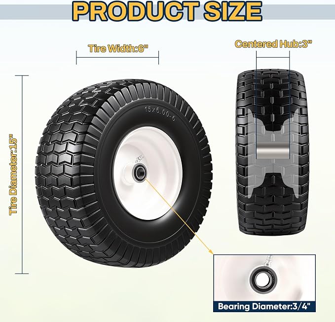 2 PCS 15x6.00-6 Flat Free Lawn Mower Tire and Wheel, 15x6-6 Front Tire Assembly Compatible with John Deere Husqvarna Riding Mowers Lawn Tractors, with 3/4" & 5/8" Bearings, 3" Centered Hub
