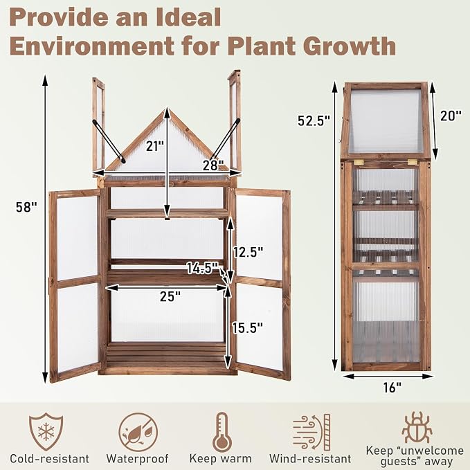 Happygrill Cold Frame, Mini Wooden Green House w/Transparent Openable Roof, Raised Flower Planter Shelf w/3 Adjustable Shelves & Polycarbonate Panels, Small Wood Greenhouse Cabinet for Indoor Outdoors