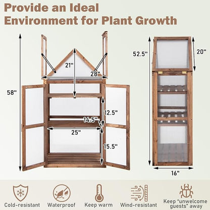 Happygrill Cold Frame, Mini Wooden Green House w/Transparent Openable Roof, Raised Flower Planter Shelf w/3 Adjustable Shelves & Polycarbonate Panels, Small Wood Greenhouse Cabinet for Indoor Outdoors
