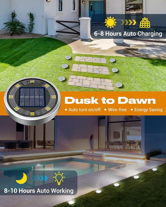 btfarm 10 Pack Solar Lights Outdoor, 8 LED Solar Ground Lights IP65 Waterproof Flat Solar Disc Light, Pathway Lights for Garden Lawn Patio Yard Path Landscape, Cool White
