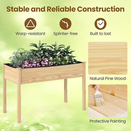 S AFSTAR Wooden Raised Garden Bed with Legs, Planter Box with Liner & Drainage Holes for Vegetable Flower Herb, Indoor Outdoor Elevated Gardening Box for Backyard Patio Balcony