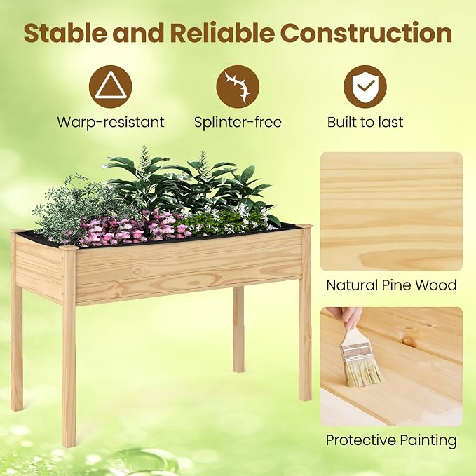 S AFSTAR 2 Pieces Wooden Raised Garden Bed with Legs, Planter Box with Liner & Drainage Holes for Vegetable Flower Herb, Indoor Outdoor Elevated Gardening Box for Backyard Patio Balcony