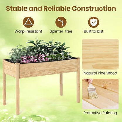 S AFSTAR 2 Pieces Wooden Raised Garden Bed with Legs, Planter Box with Liner & Drainage Holes for Vegetable Flower Herb, Indoor Outdoor Elevated Gardening Box for Backyard Patio Balcony