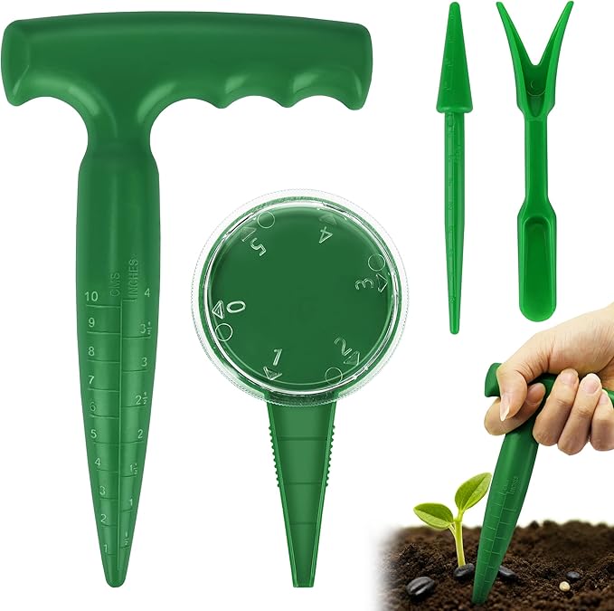 4 PCS Seed Planter Tool Set with Seed Dibber, Dispenser, Dark Green | 6.9" T‑Handle Garden Dibber with Scale, 0–5 Adjustable Seed Sower, Seeding Transplanter for Trays, Raised Bed, Balcony