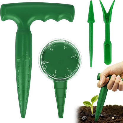 4 PCS Seed Planter Tool Set with Seed Dibber, Dispenser, Dark Green | 6.9" T‑Handle Garden Dibber with Scale, 0–5 Adjustable Seed Sower, Seeding Transplanter for Trays, Raised Bed, Balcony