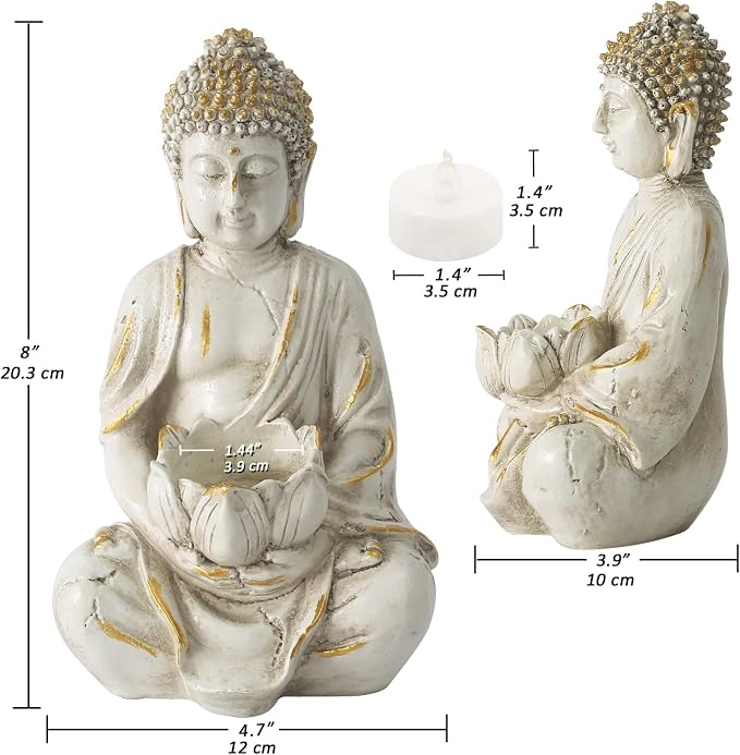 Goodeco Meditation Small Buddha Statue Figurine -Buddha with LED Tea Lights Candle Holder,Gift idea,Zen Home Decor Meditation Accessories,White Gold Look 8"