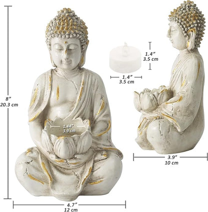 Goodeco Meditation Small Buddha Statue Figurine -Buddha with LED Tea Lights Candle Holder,Gift idea,Zen Home Decor Meditation Accessories,White Gold Look 8"