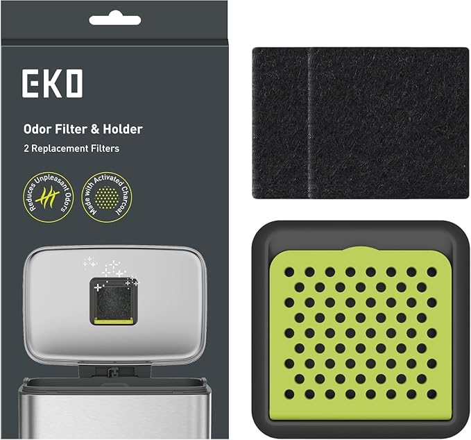 EKO Activated Charcoal Odor Filter Kit – 2-Pack Strong Odor Absorber and Deodorizer with Filter Case for Trash Cans