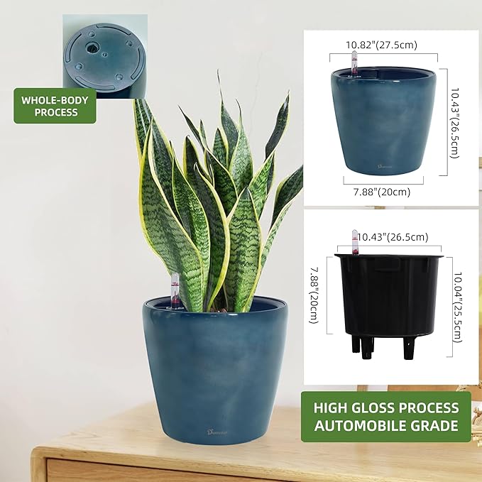 Dexceder 11x10 Self Watering Planter (Grayish Green Gradient) | Inner Pot Design, Thickened Table Flower Plant Pot with Water Level Indicator Indoor Outdoor