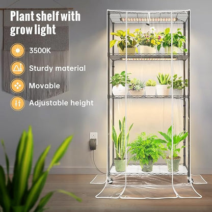 Indoor Greenhouse with Grow Light and Shelves - 4 Tier Plant Stand with Grow Light, Zippered PVC Cover and 3 Dimmable 1.8FT 60W Grow Lights with Timer, 30" L X 14" W X 59" H, Black