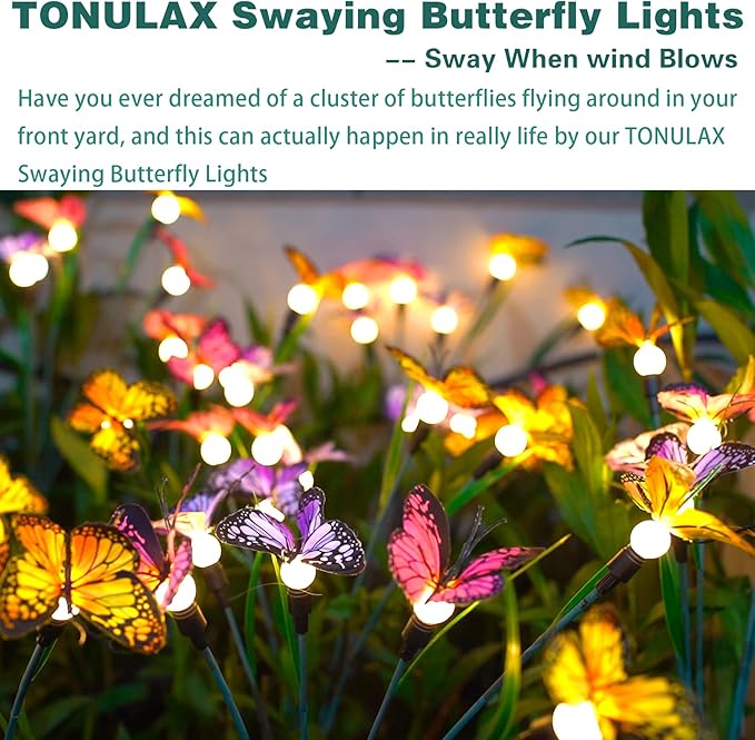 TONULAX Solar Garden Lights - 4 Pack Swaying Butterfly Light, Swaying in The Wind, Solar Outdoor Lights, Yard Patio Pathway Decoration, High Flexibility Iron Wire & Realistic Butterflies