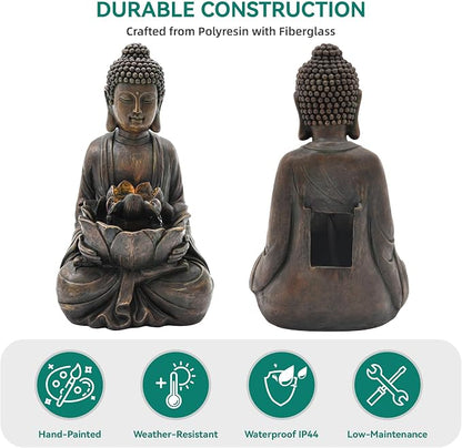 29" Zen Meditating Buddha Statue Outdoor Fountain with LED Lights | Zen Style Water Feature with Resin Lotus Soothing Cascading Waterfall for Patio, Backyard, Garden or Porch