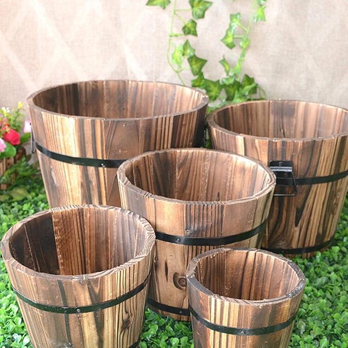 2 Pcs 4.7*3.5*3.9inch/10x12x9cm Rustic Wooden Whiskey Bucket with Handle Flower Planter Plant Pots Box Container Water Wishing Well Pail Patio Garden Backyard Primitive Planter Outdoor Indoor