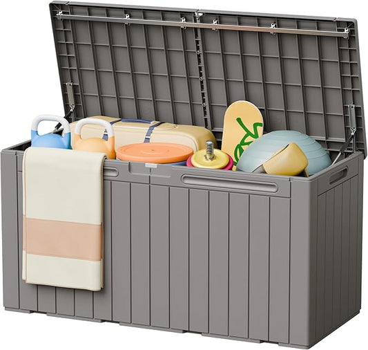 Greesum 110 Gallon Outdoor Storage Box with Lockable Lid, All-Weather Solution for Patio Furniture, Pool Supplies & Garden Tools, Waterproof, UV-Resistant Large Deck Box, Light Coffee