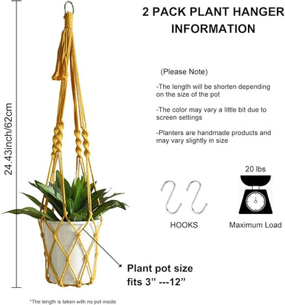 Artilady Boho Macrame Plant Hangers - Handmade Hemp Rope Hanging Baskets for Plants with Ceiling Hooks, Bohemian Home Decor Wall Art (Ginger-Yellow-2pcs)