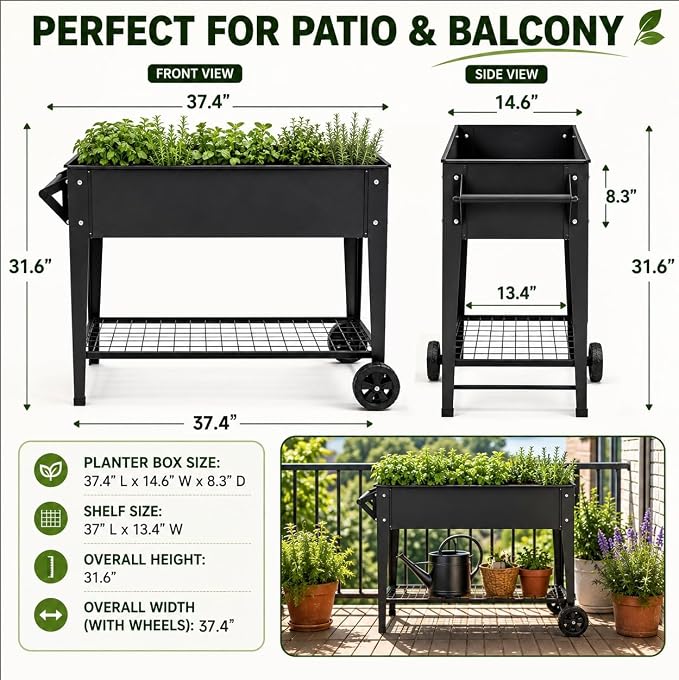 LEETOLLA Elevate 32" Tall Raised Garden Bed Outdoor with Wheels & Shelf for Mobility, 400LBS Capacity, Anti-Rust Steel Planter Box for Vegetables/Herbs, Patio-Balcony-Backyard