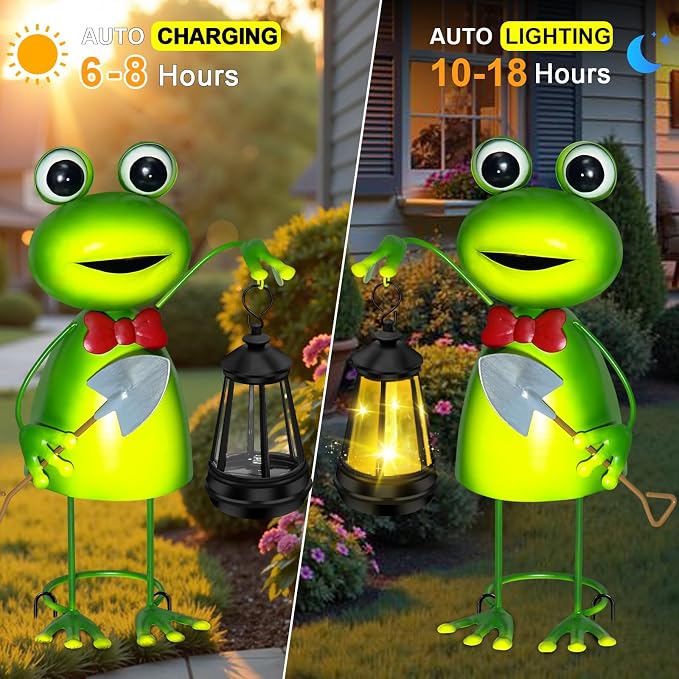 Solar Garden Lights Frog Statue with Solar Lantern Lights,13.78in Tall Frog Decor Fairy Accessories,Birthday Gifts for Women Mom Grandma,Big Metal Decorative Stakes for Home decor,Patio,Porch,Yard Art