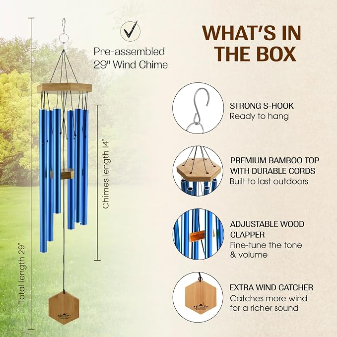 Royal Blue Wind Chimes for Outside, 29 Inch Hand Tuned G Major Pentatonic Wind Chime, Memorial Sympathy Gift for Loss of Loved One, Deep Tone Aluminum Bamboo Garden Patio Porch Decor