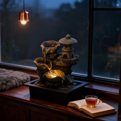 Indoor Tabletop Waterfall Fountain with Rock Pagoda & Lotus Leaf, Design for Home Office Desk Decor, Soothing Zen Water Feature with Warm Light for Relaxation & Meditation