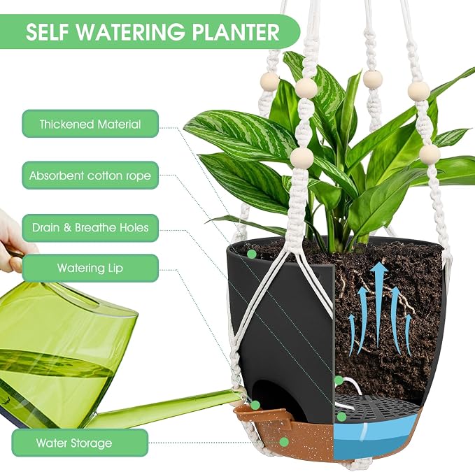 Vanslogreen Hanging Planters for Indoor Outdoor Plants, 2 Pack Self Watering Hanging Pots, Hanging Plant Baskets with Drainage Holes & 2 Types of Plant Hangers (Black, 6'')