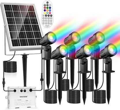 MEIKEE 6 in 1 RGB Solar LED Spotlights with Remote, IP66 Waterproof Color Changing Outdoor Landscape Lighting for Garden Wedding Holiday Party Decor