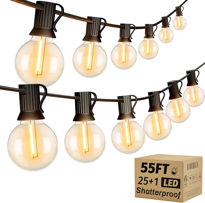 OHLUX Outdoor String Lights, 55FT Shatterproof LED Patio Lights with 26 Dimmable Plastic G40 Bulbs, 2200K Waterproof Connectable Hanging String for Backyard Cafe Porch Deck E12 Base