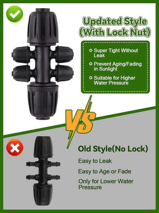 20PCS Locked Barbed Tee Connectors, Kalolary 1/2” to 1/4” Drip Irrigation Fittings Kit 12/16mm to 4/7mm Tube Lock Female Connector 6-Way Barbed Lock Irrigation Parts for Watering System (Black)