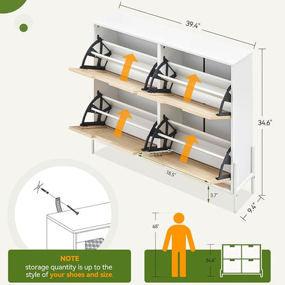coucheta 4 Flip Drawers Shoe Storage Cabinet, Rattan Shoe Organizer with Metal Legs, Freestanding Narrow Shoe Rack Cabinet for Entryway, White
