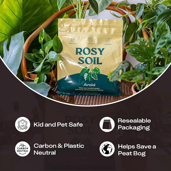 Rosy Soil Aroid Soil Mix, Chunky Biochar Potting Mix, 4 Quarts | For Monstera, Philodendron, Anthurium & Tropical Plants - Peat-Free, Microbially Active, Superior Aeration & Drainage