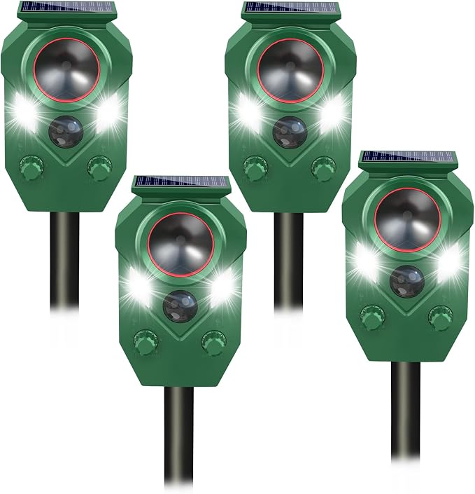 Solar Animal Repellent,Cat Dog Repellent Outdoor,Solar Animal Repeller with Motion Sensor,Waterproof Rabbit Repeller with Flahing Light for Yard Skunks,Raccoon Birds Squirrels Deer-4 Pack