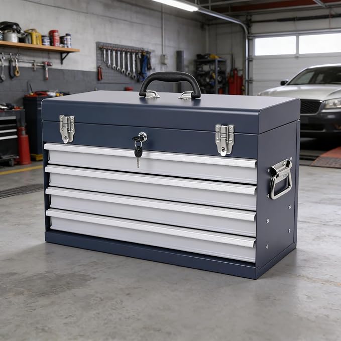 4 Drawers Metal Tool Box, 21'' Portable Metal Tool Box with EVA Liners & Auto-Locking Mechanism, Heavy Duty Steel Tool Chest with Ball-Bearing Drawer Slides & Convenient Top Handle, Grey