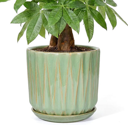 10 Inch Ceramic Planter Pot with Saucer Drainage Leak-Proof Mesh,Flower Pots for Indoor Plants with Gardening Gloves,Ceramic Planter(Light Green)