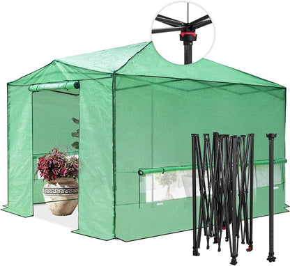 EAGLE PEAK 12x8 Portable Walk in Greenhouse, Pop Up Indoor Outdoor Greenhouse, Green House Kit with Zippered Roll-Up Doors, Windows + Support Pole, PE Cover, Clear/Green
