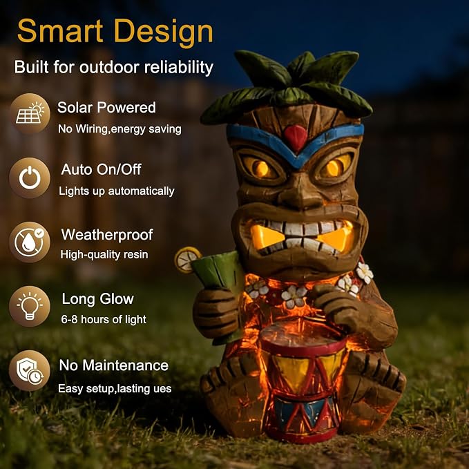 Miniature Tiki Garden Statue Solar Outdoor Decorations - Tiki Bar Tropical Themed Parties Figurines for Patio Yard Lawn Ornaments Gifts for Birthday Housewarming 3.2''(W) x 3.4''(D) x 5.9''(H)F